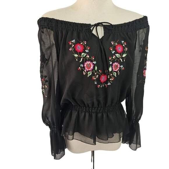 Jonathan Martin Embroidered Off Shoulder Gypsy Blouse Top Women M/L Sheer Black - Picture 5 of 9